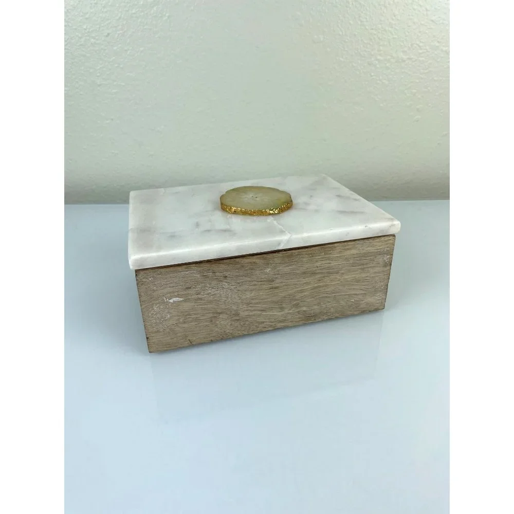 Portofino Home Marble Top Wooden Trinket Jewelry Box Made in India Decor White